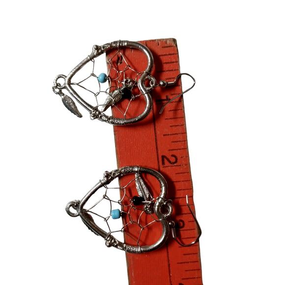 🌵 Vintage Dream Catcher Earrings Heart Turquoise Feather Drop Southwest Boho 3" - Picture 7 of 10